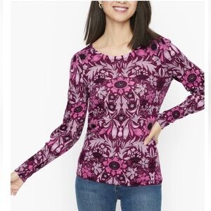 Talbots crewneck floral sweater burgundy pink merino wool XL